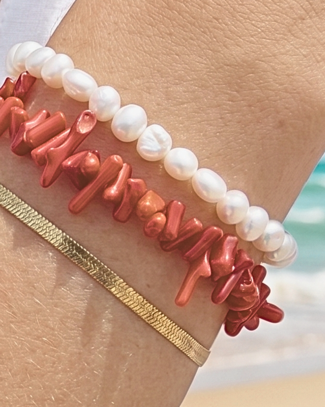 armbånd koralsten, flat snake, ferskvandsperler