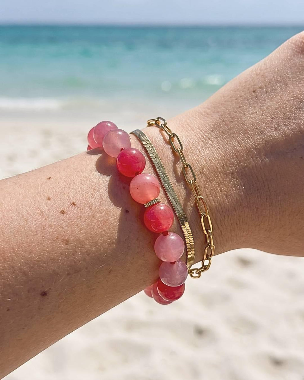 store lyserøde rosenquartz bubble armbånd