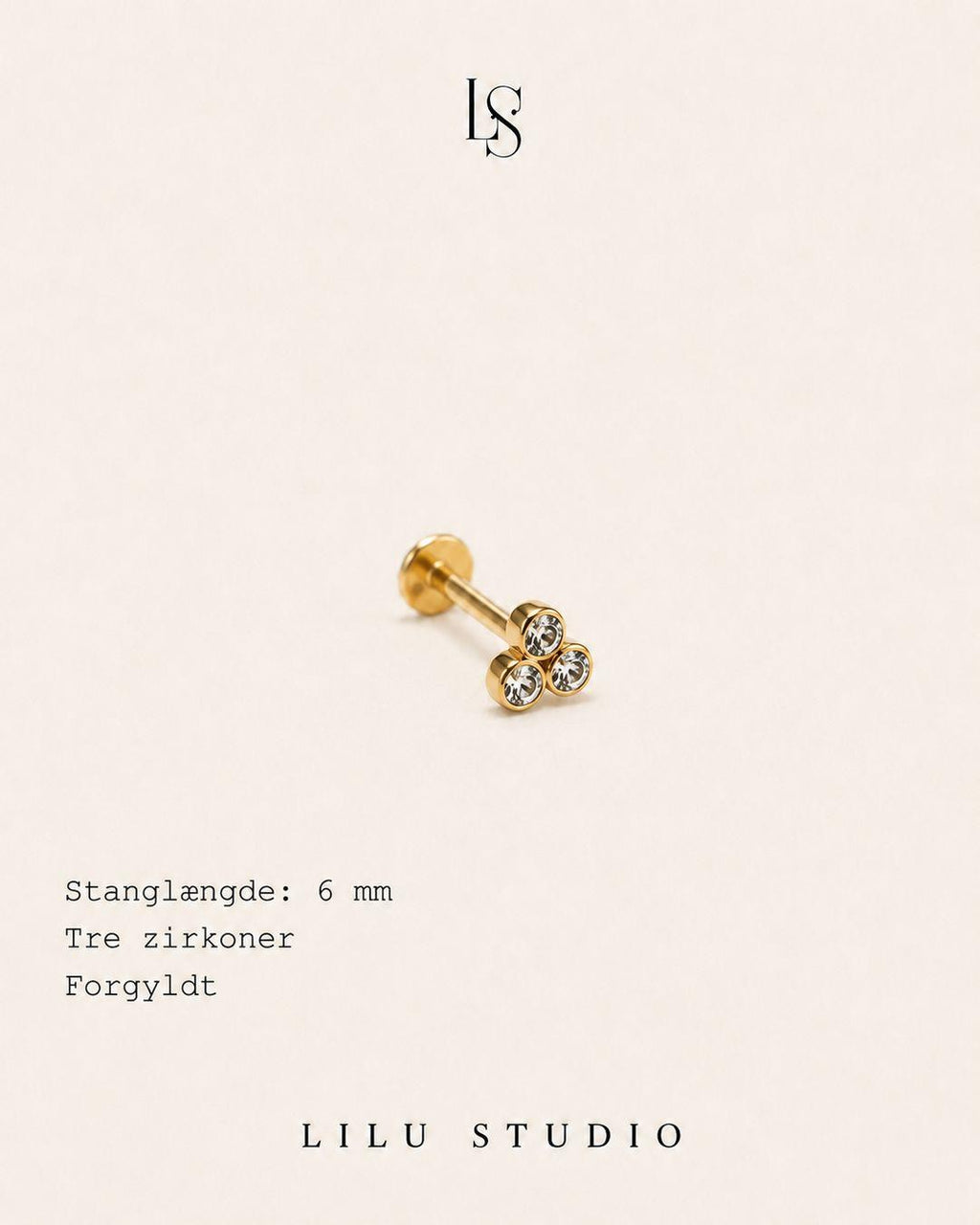 flatback piercing smykke med 3 runde zirkoner