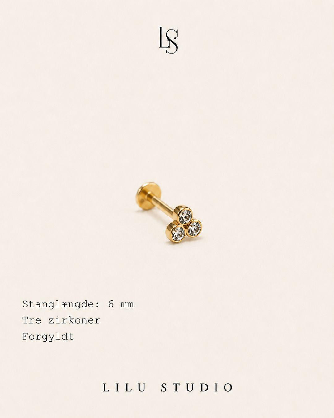 flatback piercing smykke med 3 runde zirkoner
