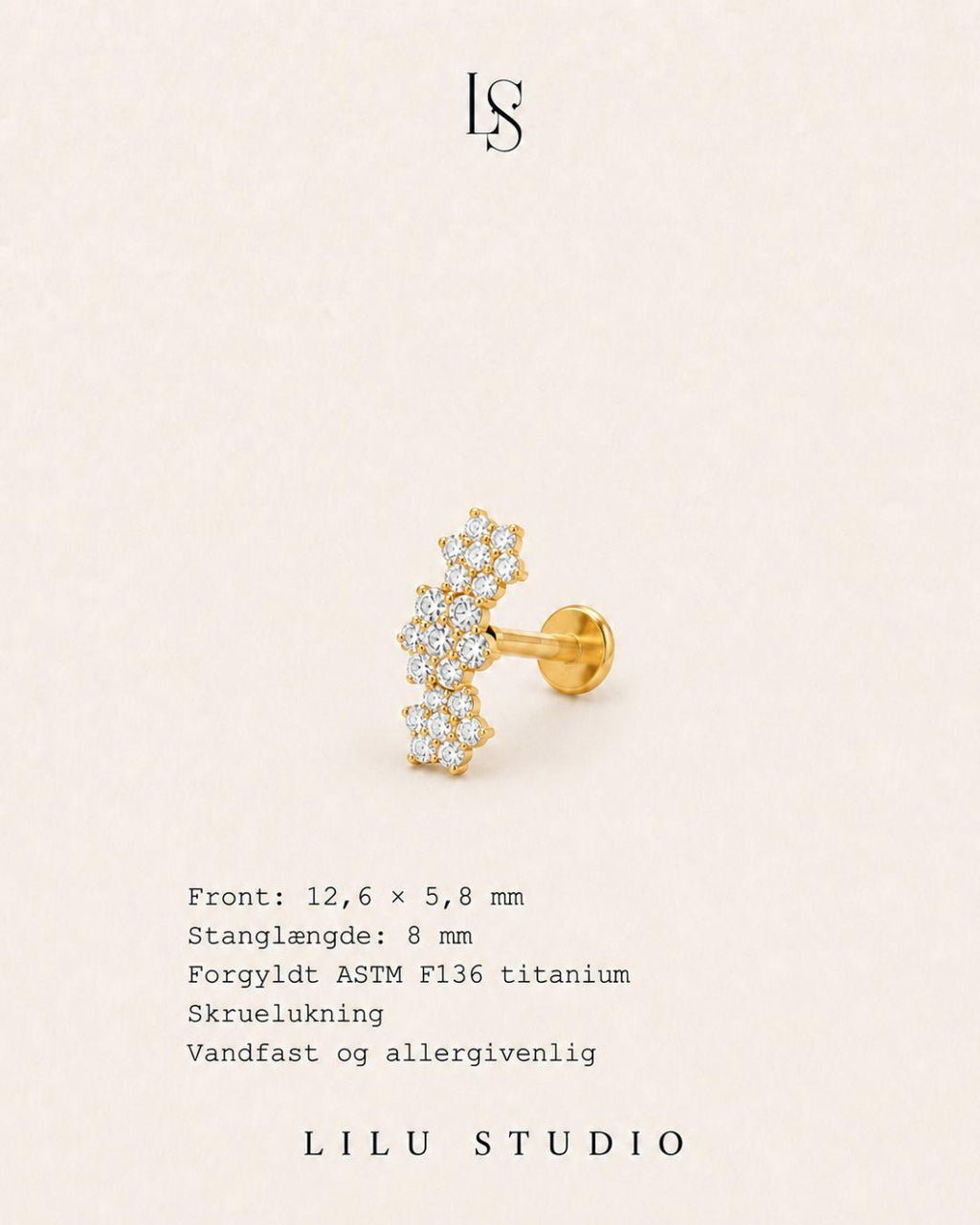 flatback med 3 blomster med zirkoner forgyldt ørering