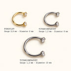 Ayla hestesko piercing – størrelser: forgyldt 0,8 × 8 mm, titanium 1,2 × 8 mm og 1,2 × 10 mm