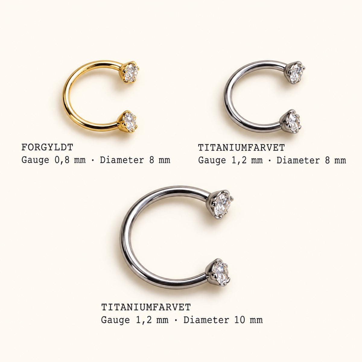 Ayla hestesko piercing – størrelser: forgyldt 0,8 × 8 mm, titanium 1,2 × 8 mm og 1,2 × 10 mm