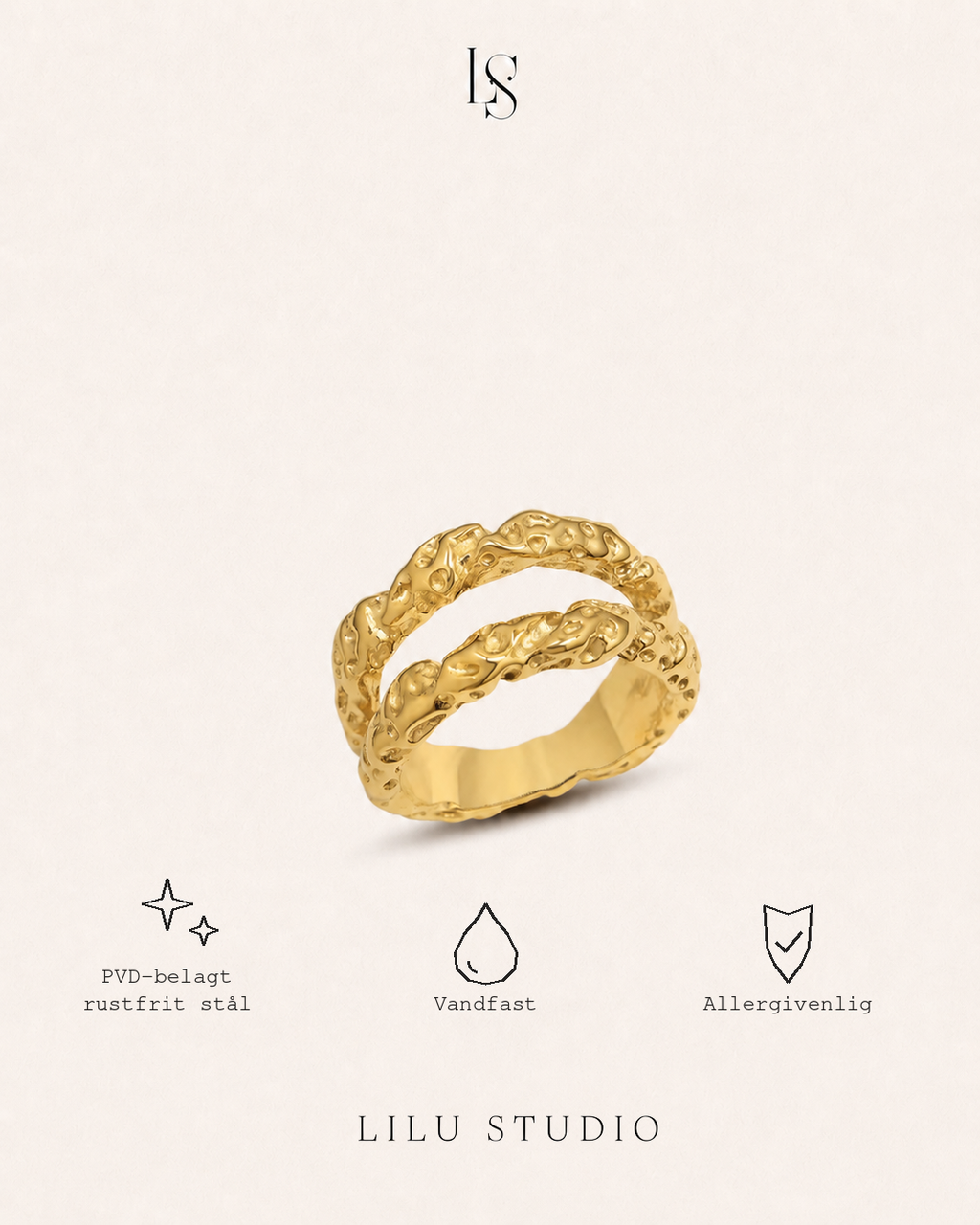 Ring dobbelt hamret molten forgyldt – Cleo Double