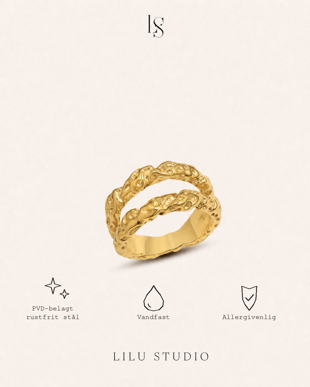 Ring dobbelt hamret molten forgyldt – Cleo Double